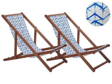 Set of 2 Acacia Folding Deck Chairs and 2 Replacement Fabrics Dark Wood with Off-White / White and Blue Pattern ANZIO