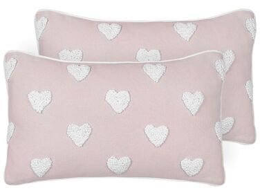 Set of 2 Cotton Cushions Embroidered Hearts 30 x 50 cm Pink GAZANIA