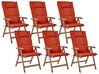 Sada 6 zahradních skládacích židlí z tmavého akáciového dřeva s červenými polštáři AMANTEA_879761