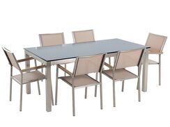 6-istuttava ulkoruokailuryhmä lasitaso tekstiilituolit musta/beige GROSSETO 6-istuttava ulkoruokailuryhmä lasitaso tekstiilituolit musta/beige GROSSETO