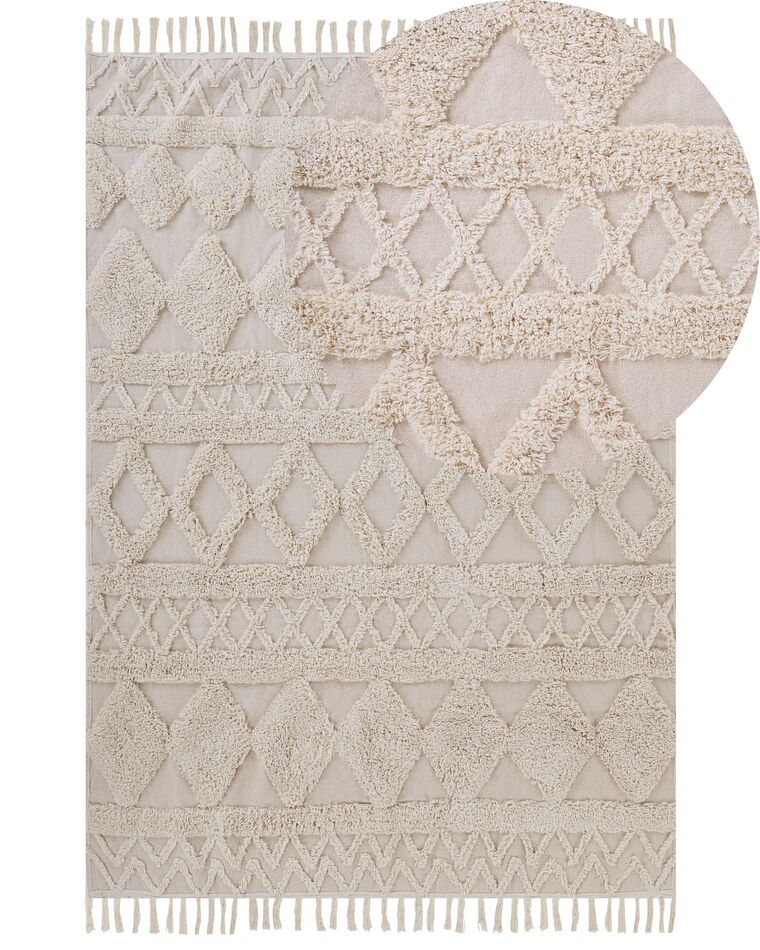 Teppich Baumwolle beige 160 x 230 cm geometrisches Muster Fransen Kurzflor DIDIM_817670