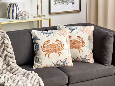 Set of 2 Linen Cushions Crab Motif 45 x 45 cm Beige SARGASSUM