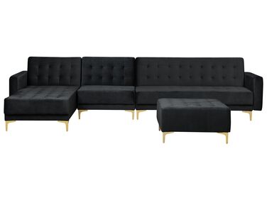 Right Hand Modular Velvet Sofa with Ottoman Black ABERDEEN