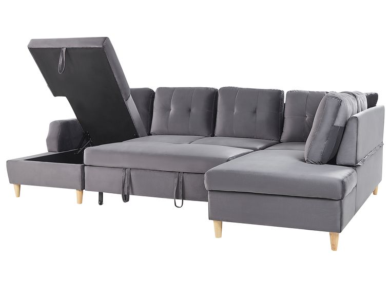 Velvet Corner Sofa Bed with Storage Grey LERUM Beliani.co.uk