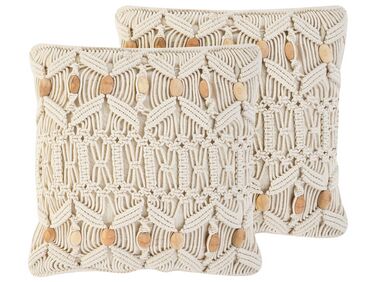 Set of 2 Cotton Macrame Cushions 45 x 45 cm Beige NICAEA