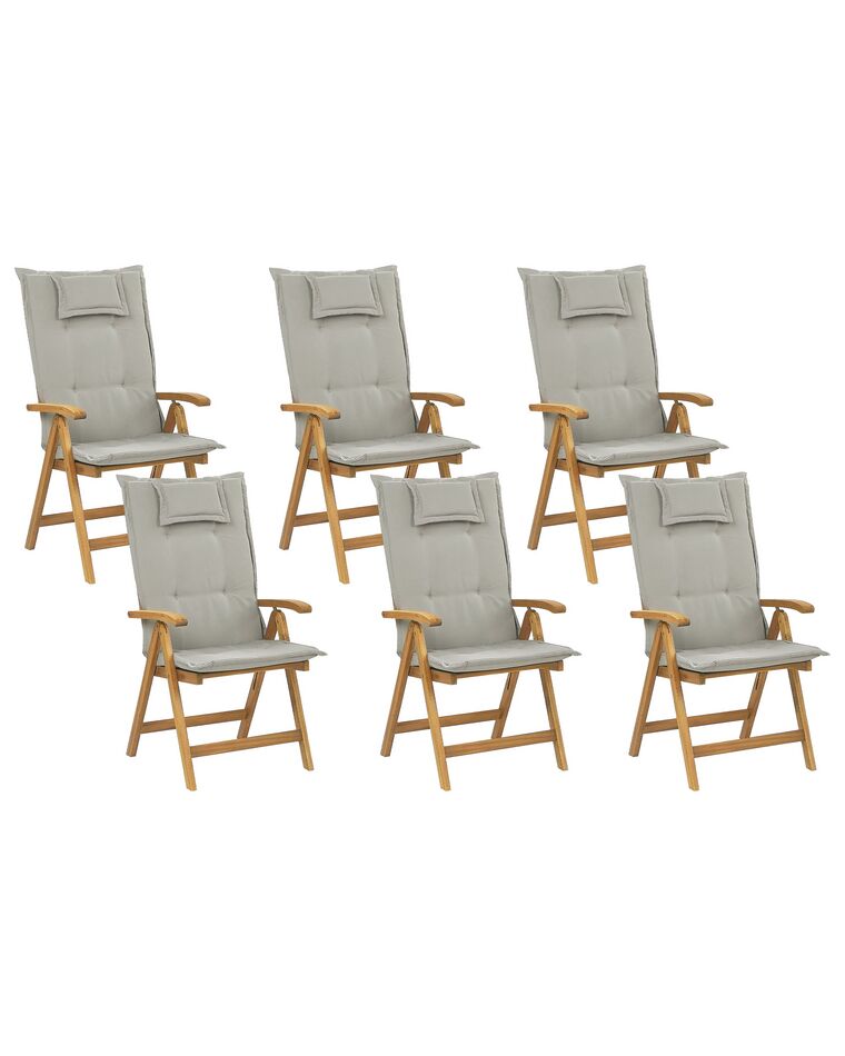 Set of 6 Acacia Wood Garden Folding Chairs with Taupe Cushions JAVA_788651