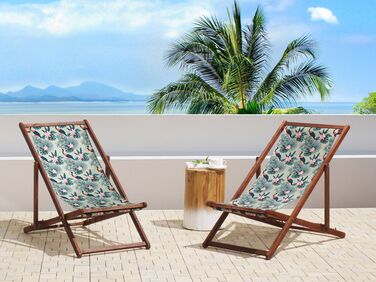 Set of 2 Acacia Folding Deck Chairs and 2 Replacement Fabrics Dark Wood with Off-White / Pelican Pattern ANZIO