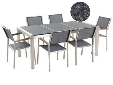Hatszemélyes fekete égetett gránit étkezőasztal szürke textilén székekkel GROSSETO