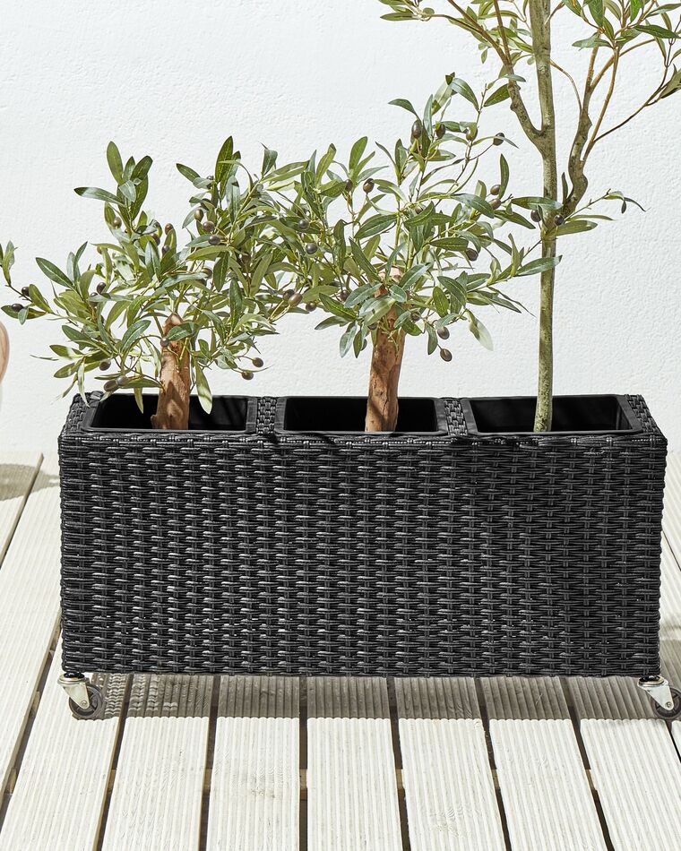 Blumenkasten Rattan schwarz rechteckig 82 x 28 cm rollbar BELLIS