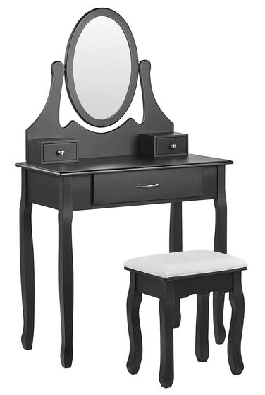 Sminkbord med 3 lådor med oval spegel och pall svart ASTRE