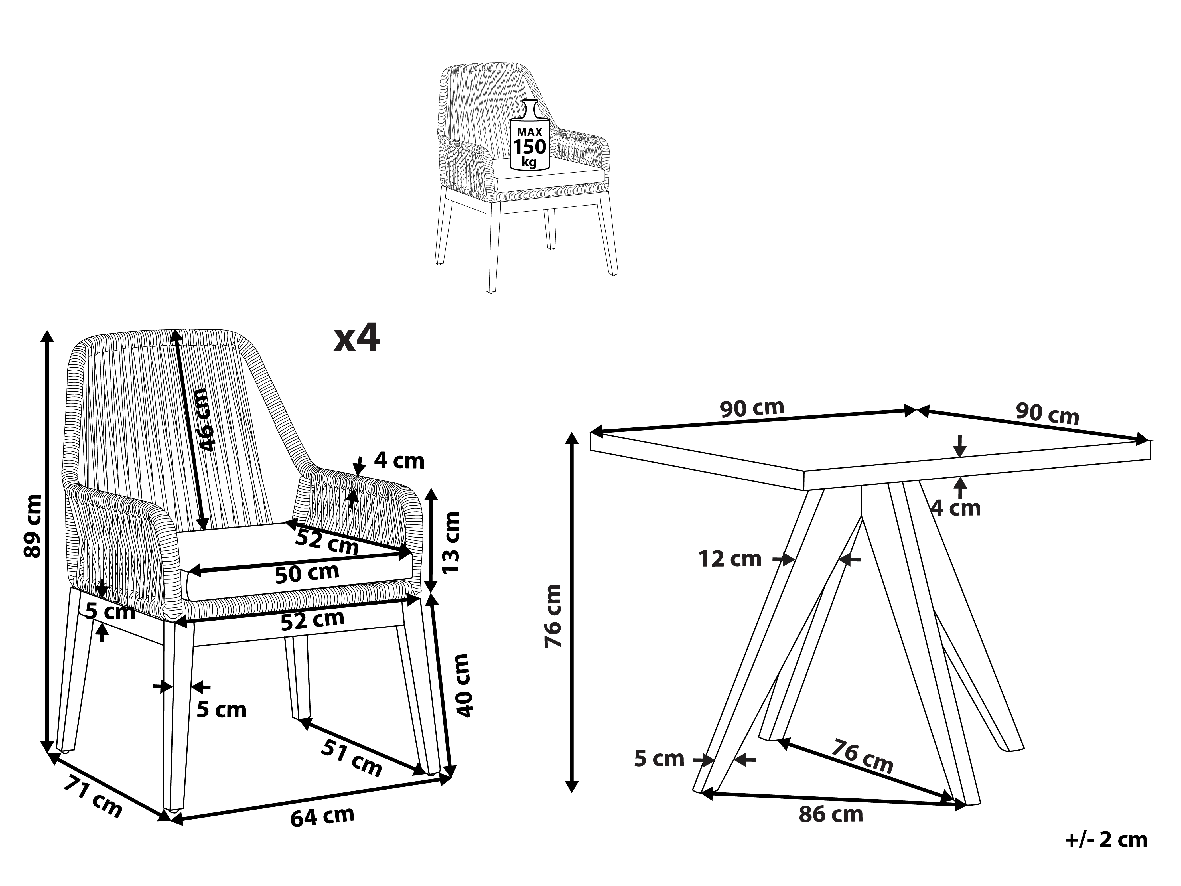 Gartenmöbel Set Faserzement grau 90 x 90 cm 4-Sitzer Stühle schwarz / grau OLBIA_809633