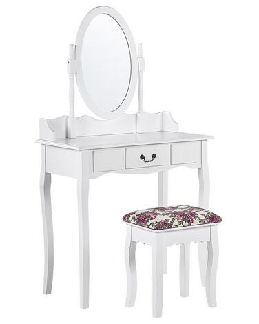  Toalettbord 1 låda med oval spegel och pall vit SOLEIL
