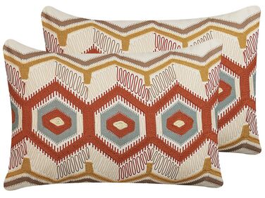 Set of 2 Embroidered Cotton Cushions Geometric Pattern 40 x 60 cm Multicolour MAJRA