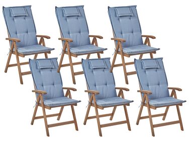 Conjunto 6 cadeiras de jardim em madeira escura de acácia com almofadas azuis AMANTEA