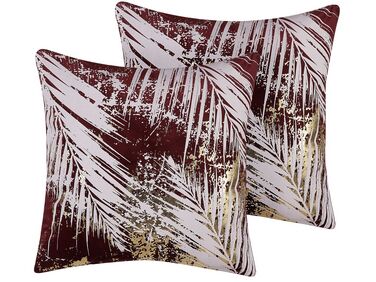 Set of 2 Velvet Cushions Leaf Pattern 45 x 45 cm Burgundy CALLA
