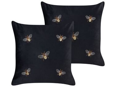 Set of 2 Embroidered Velvet Cushions Bees Motif 45 x 45 cm Black TALINUM 