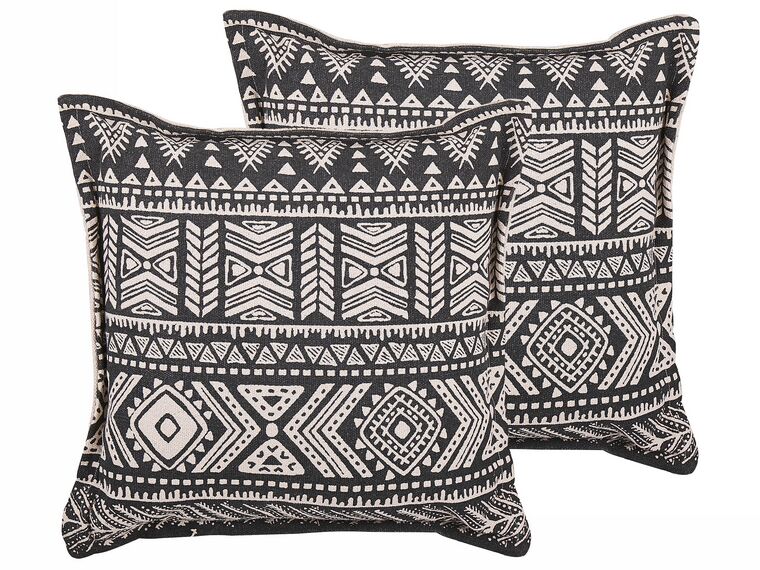 Set of 2 Cotton Cushions Geometric Pattern 45 x 45 cm Black and Beige SIRVAN_801757