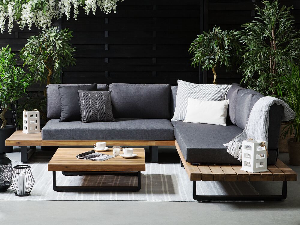 5 Seater Garden Corner Sofa Set Grey and Light Wood MYKONOS | Beliani.co.uk