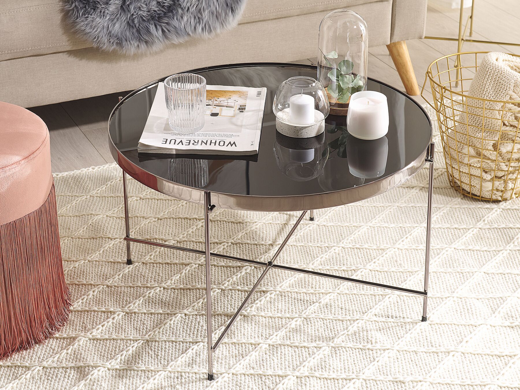 Coffee Table Round Tempered Glass Black Top Silver Metal Legs Glam