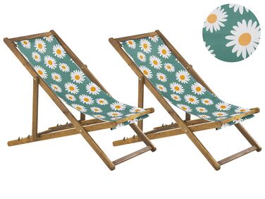 Set of 2 Acacia Folding Deck Chairs and 2 Replacement Fabrics Light Wood with Off-White / Chamomile Pattern ANZIO