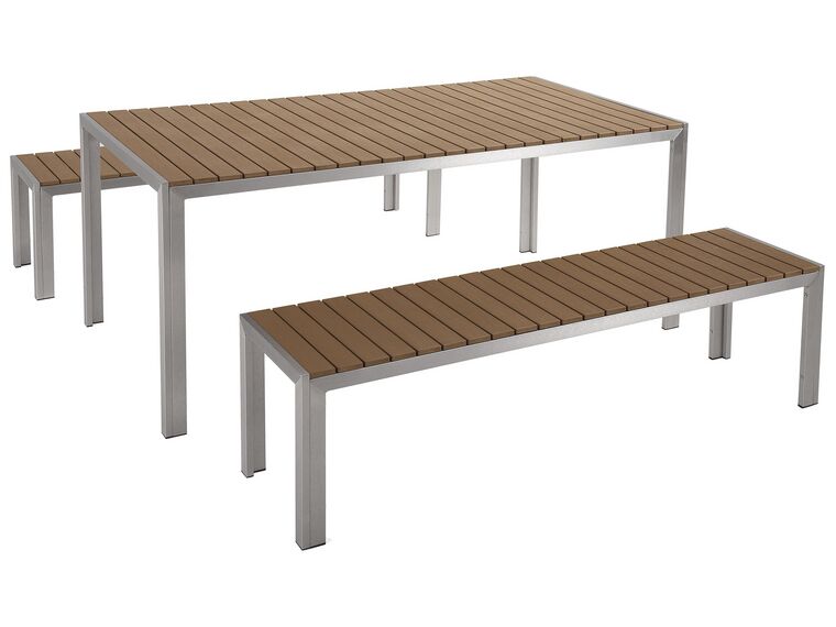 Zestaw ogrodowy stół i 2 ławki jasne drewno ze srebrnym NARDO_125438
