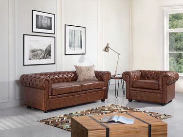 3 Seater Sofa Faux Leather Golden Brown CHESTERFIELD