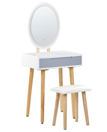 Coiffeuse blanc et gris avec 1 tiroir un miroir à LED et un tabouret VESOUL
