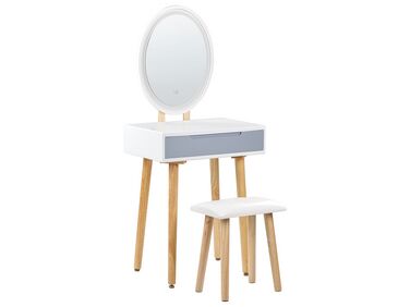 Toaletka 1 szuflada lustro LED ze stołkiem biało-szara VESOUL