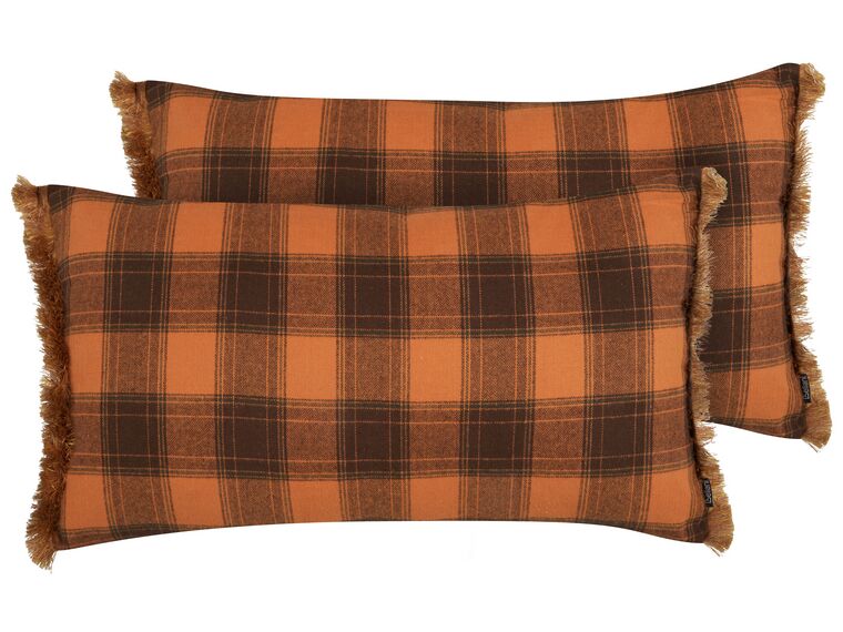 Set of 2 Fringed Cushions Chequered Pattern 40 x 70 cm Orange BARJA_902668