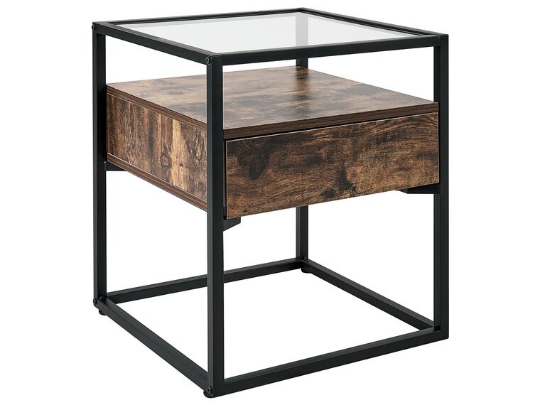 Stolik pomocniczy z szufladą szklany ciemne drewno z czarnym MAUK_829042