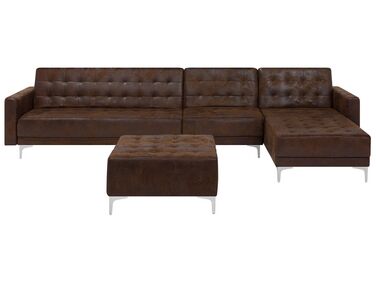 Left Hand Modular Faux Leather Sofa with Ottoman Brown ABERDEEN