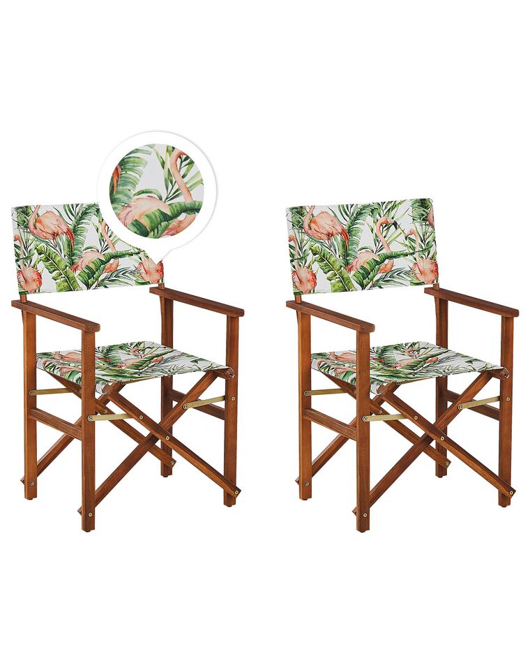 Set of 2 Acacia Folding Chairs and 2 Replacement Fabrics Dark Wood with Grey / Flamingo Pattern CINE_819341