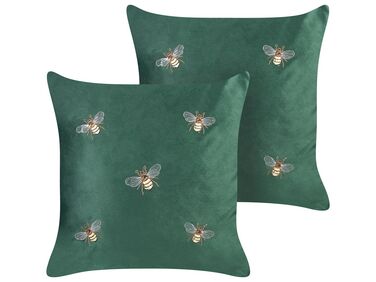 Set of 2 Embroidered Velvet Cushions Bees Motif 45 x 45 cm Green TALINUM 