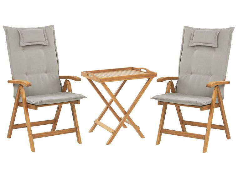 Set di 2 sedie con cuscini grigio beige e tavolino in legno di acacia JAVA_788649