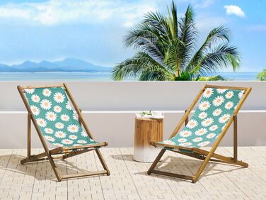 Set of 2 Acacia Folding Deck Chairs and 2 Replacement Fabrics Light Wood with Off-White / Chamomile Pattern ANZIO