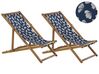 Set of 2 Acacia Folding Deck Chairs and 2 Replacement Fabrics Light Wood with Off-White / Navy Blue Floral Pattern ANZIO_819613