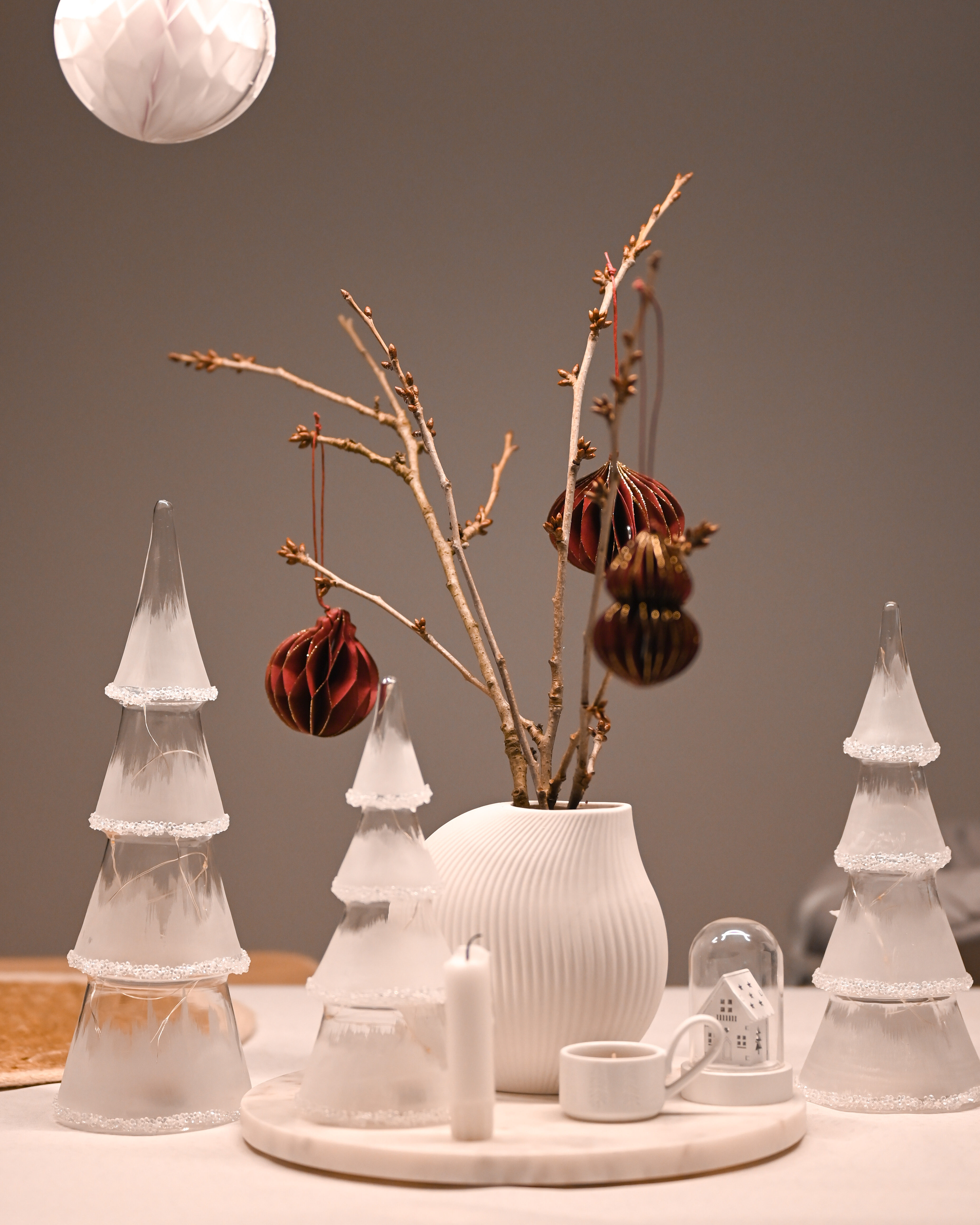 Dekofigur Glas weiß Weihnachtsbaum mit LED-Beleuchtung 3er Set KIERINKI_847911