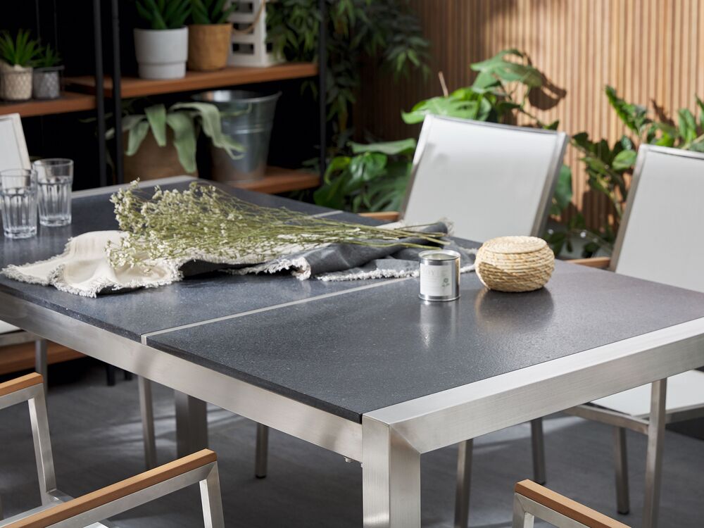 Gartenmöbel Set Naturstein schwarz geflammt 180 x 90 cm 6-Sitzer Stühle