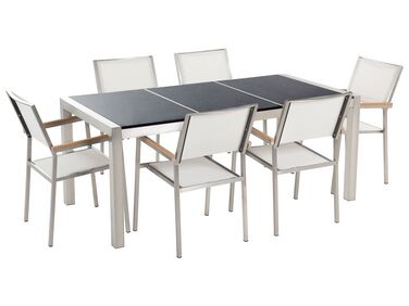 Table de jardin plateau granit noir poli 180 cm 6 chaises blanches GROSSETO