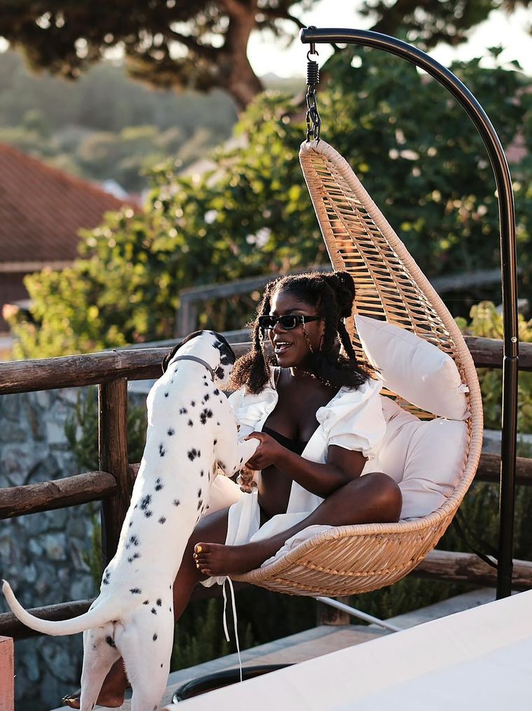 PE Rattan Hanging Chair with Stand Natural ATRI II Beliani.co.uk