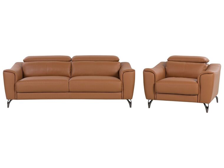 Conjunto de sofás reclináveis de 4 lugares em pele castanha dourada NARWIK_720641