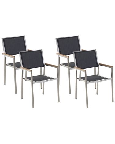 Conjunto de 4 sillas de jardín de poliéster/acero negro/plateado/madera clara GROSSETO