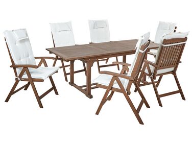 Set da giardino con 6 sedie legno di acacia scuro con cuscini bianco sporco AMANTEA