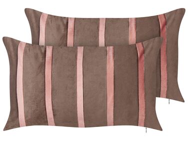 Set of 2 Velvet Cushions Striped Pattern 35 x 60 cm Brown CRODYLINE