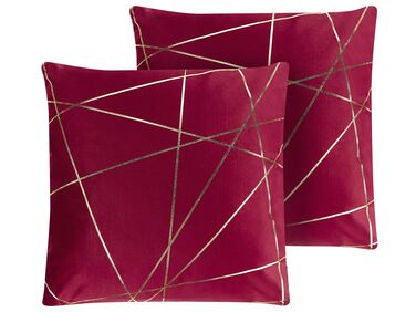 Set of 2 Velvet Cushions Geometric Pattern 45 x 45 cm Red PINUS