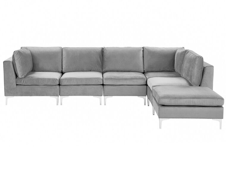 Left Hand 5 Seater Modular Velvet Corner Sofa with Ottoman Grey EVJA_789241