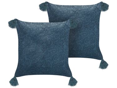 Set of 2 Velvet Cushions Floral Motif with Tassels 45 x 45 cm Dark Blue SETARIA
