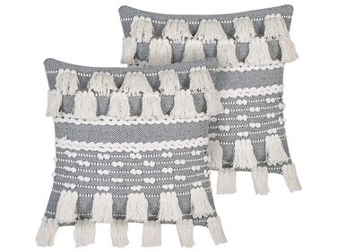 Set of 2 Cotton Cushions with Tassels 45 x 45 cm White and Grey BRAHEA