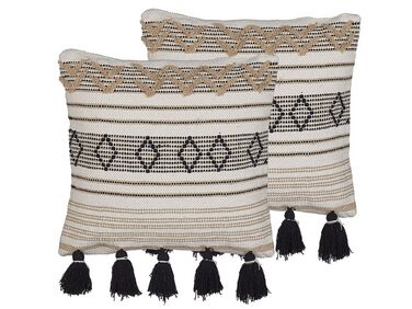 Set of 2 Cotton Cushions Geometric Pattern with Tassels 45 x 45 cm Beige and Black SAMBUCUS