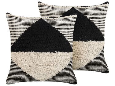 Set of 2 Tufted Cotton Cushions Geometric Pattern 50 x 50 cm Beige and Black KHORA